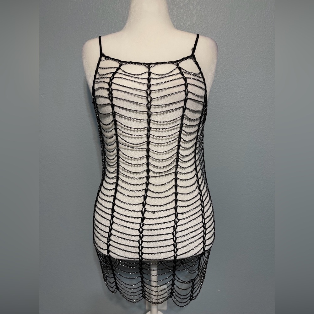 Black Beaded Crochet Mesh Cover Up Dress Top Y2K Goth Festival Fishnet Small